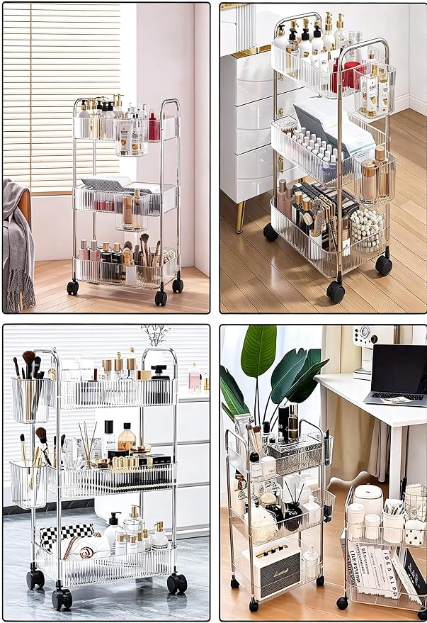 3-Tier Clear Utility Rolling Cart with Wheels for Kitchen & Bathroom | Lightweight-usage, Easy assembly, Multifunctional storage organizer, Clear, 8.2”W * 13”L * 25.8”H
