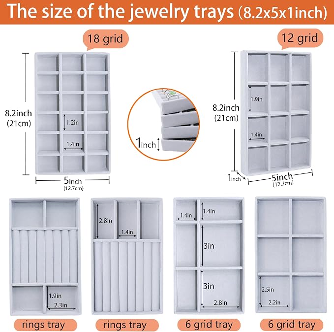 Jewelry Storage 8PACK, Velvet Jewelry Organizer Trays, 4PCS Stackable Jewelry Tray for Drawers, Grey Organizer for Rings, Earrings, Necklaces, Watches, Bracelets, Brooches