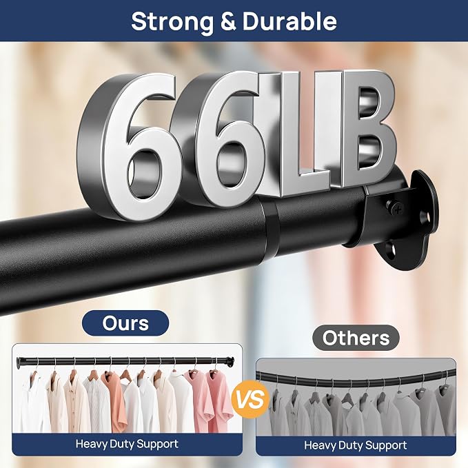 ENJOYBASICS Closet Rods for Hanging Clothes, 17 to 53 Inches Stepless Adjustable Closet Pole, 1.3 Inches Heavy Duty Clothes Rod for Wardrobes, Bathroom, Laundry and Windows, Black