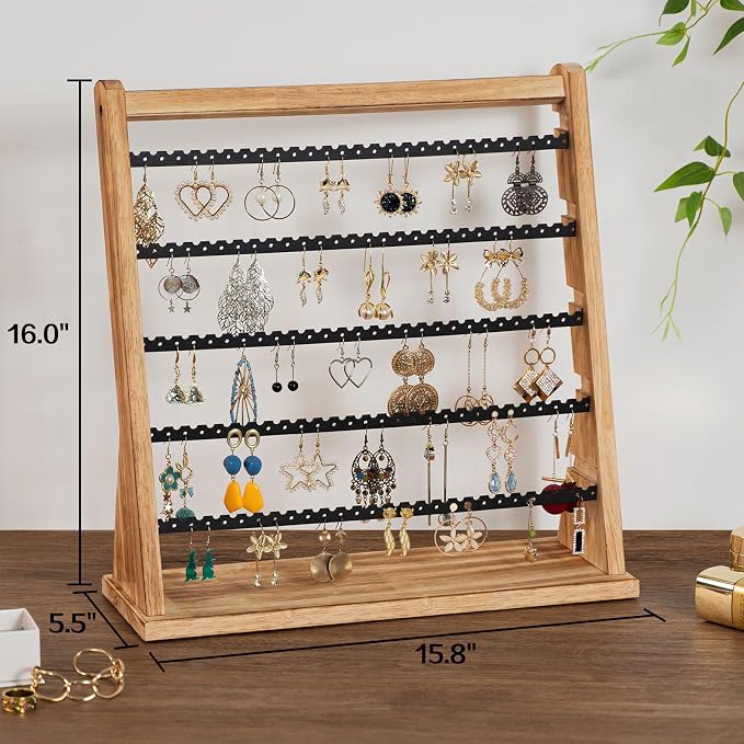 Poyilooo Earring Holder Organizer, Rustic Wood Earring Holder Stand, 5 Layer Jewelry Holder Organizer with 270 Earring Tree Holes Display Rack for Stud Earings & Hoop Earrings, Gifts for Women