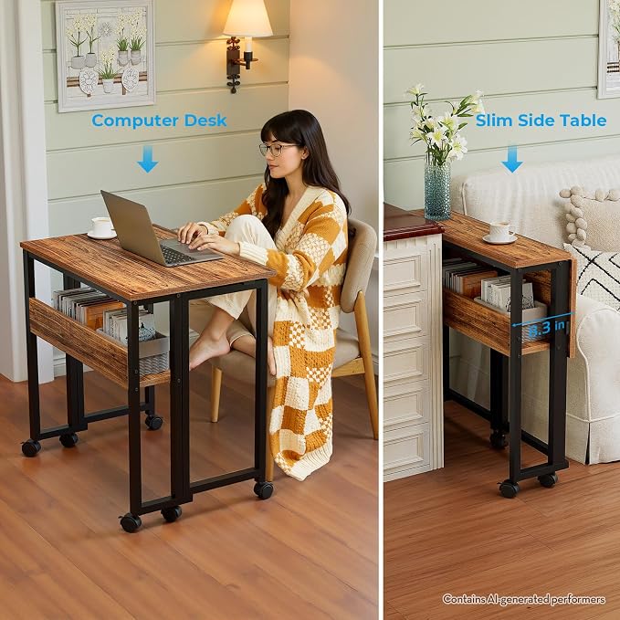 GreenForest Folding Desk with Wheels, 24.8" Rolling Table for Small Spaces | Storage Shelf, Lockable Casters, Compact Portable Workstation, Space-Saving Foldable Sofa Table, Home Office, Mobile, Walnut