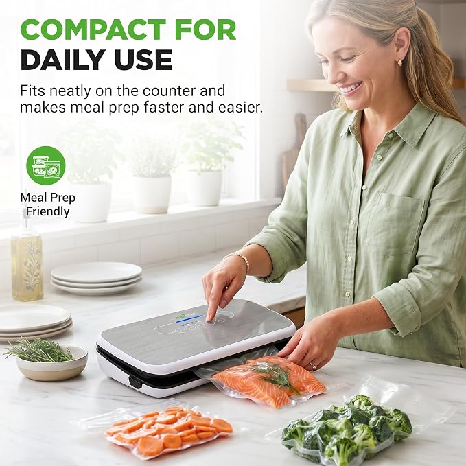 NutriChef Automatic Vacuum Air Sealing System for Food Preservation with Starter Kit, Compact Design, Lab Tested, Dry & Moist Food Modes with Led Indicator Lights, Silver