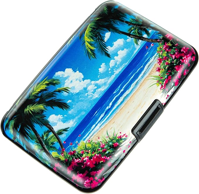Credit Card Holder for Women Men RFID Blocking Wallet Small Business Metal Slim Mini Aluminum Hard Case (Tropical Beach Palm Trees)