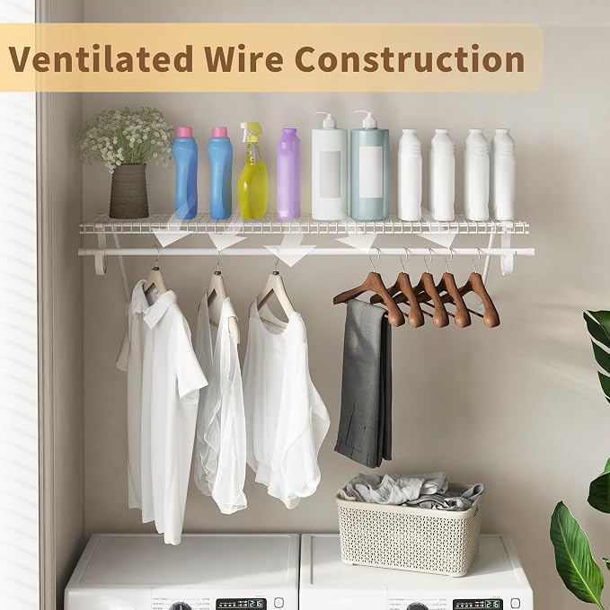 PROWORX Closet Shelves Wall Mounted with Hanging Rod, 2 Pack 4 ft x 12 in White Wire Shelving Kit, Metal Wall Shelf Organizer for Home, Pantry, Laundry Room Storage