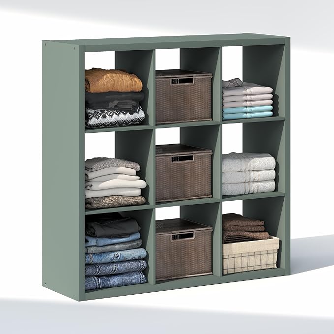 Furinno Cubic Extra Thick 9-Cube Closet Organizers and Storage, Sage Green | 14.6 x 44 x 44 in, Open Shelf Closet Storage, Closet Organizer, for Wardrobe, Bedroom, Living Room