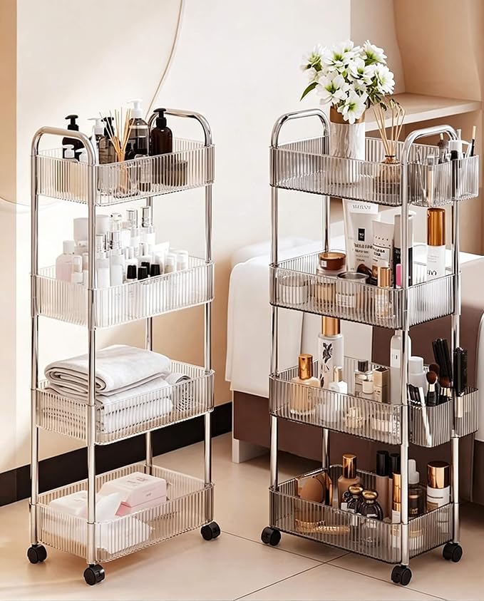 4-Tier Clear Utility Rolling Cart with Wheels for Kitchen & Bathroom | Lightweight-usage, Easy assembly, Multifunctional storage organizer, Clear, 7.9”W * 13”L * 35.8”H