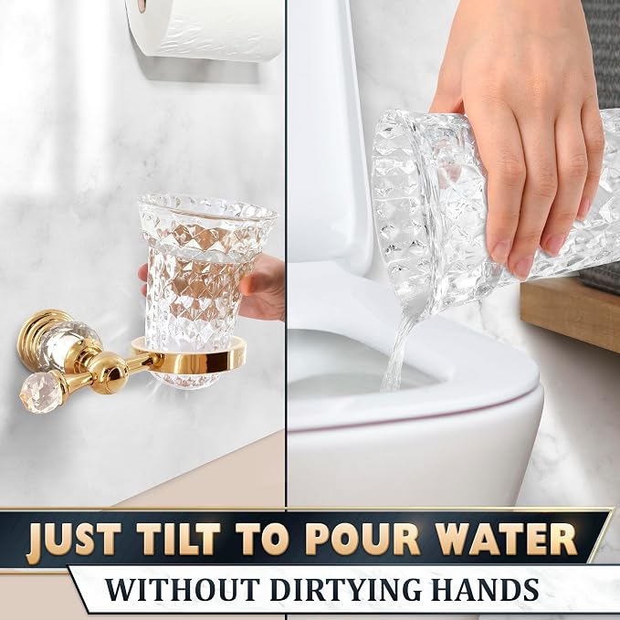 Toilet Brush and Holder Set, Wall Mounted, Clear Bowl (Gold Crystal) | Toilet Bowl Brush and Holder Set, Polished Gold Handle, Space-Saving Wall Mount, Stainless Steel Body, for Elegant Bathrooms