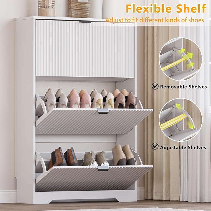BORNOON Entryway Shoe Cabinet with 3 Flip Drawers, Narrow Shoe Organizer Cabinet with Fluted Panel and Adjustable Shelves for Foyer, Hallway