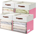 Bagnizer Storage Cubes, 4 Pack Linen Foldable Storage Bins with Clear Window and 2 Handles, 13x15x13 Storage Cube Bins for Shelf Closet, Kallax, Clothes, Books - (Pink / Off-White)