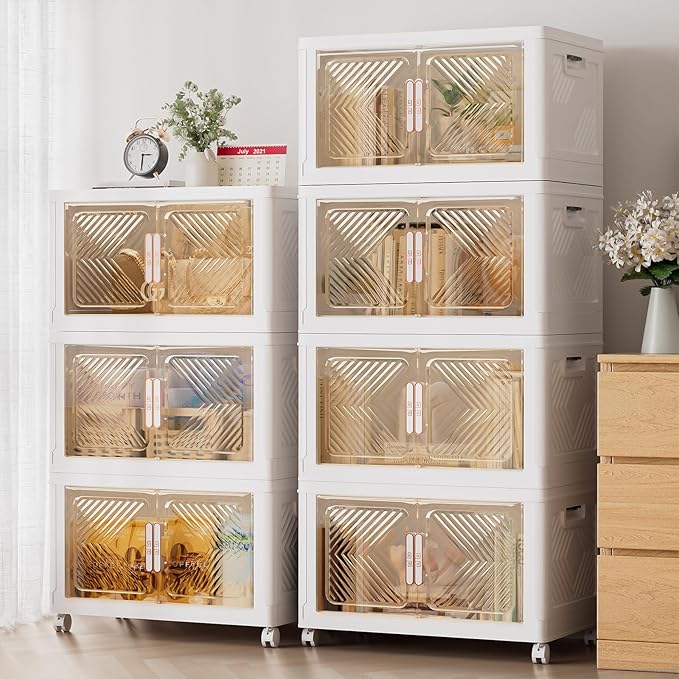 Storage Bins with Lid 76QT, Stackable Storage Containers with Wheels and Magnetic Doors, Plastic Clothes Closet Organizers and Storage Box for Home and Office (4 Pack)