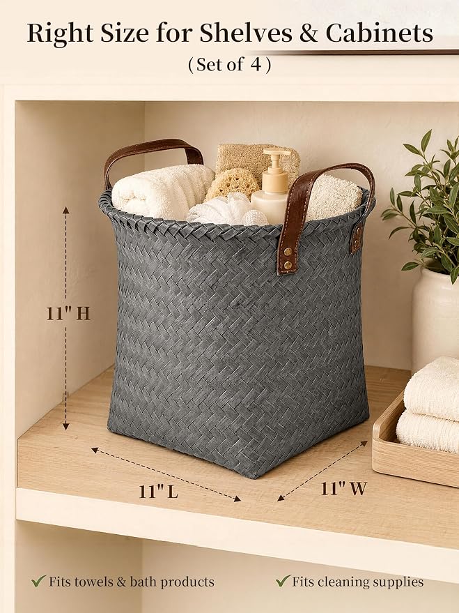 Hand Woven Baskets for Storage, 4Pcs Water-Resistant Wicker Baskets, Grey Wicker Storage Baskets for Shelves, Large Basket with Handle for Organizing, Closet, Laundry, Blanket - Round