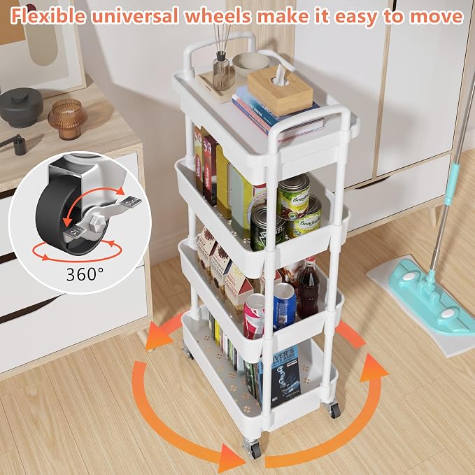 Calmootey 4-Tier Rolling Utility Cart with Drawer,Multifunctional Storage Organizer with Plastic Shelf & Metal Wheel,Storage Cart for Kitchen,Bathroom,Living Room,Office,White | Space-Saving Organizer, Sturdy Plastic Shelves, Smooth-Rolling Metal Wheel...
