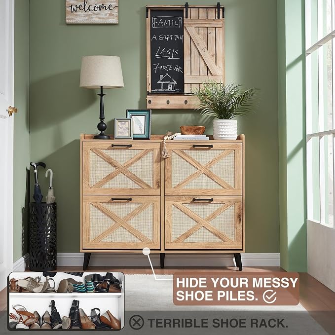 Barnyatoh Shoe Storage Cabinet, Boho Shoe Organizer with 4 Flip Drawers & Rattan Design,Farmhouse Freestanding Hidden Slim Narrow Shoe Rack Cabinet for Entryway, Foyer,Hallway,Natural