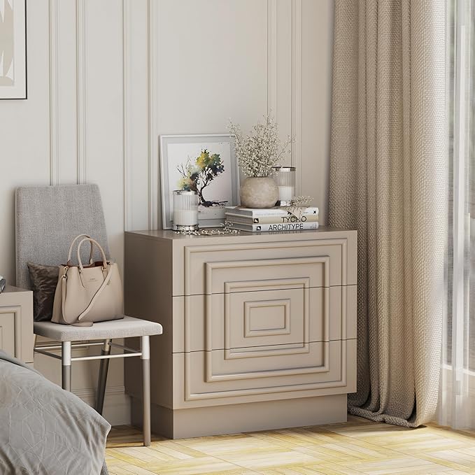 Aoikax Modern 3-Drawer Dresser, Sculptural Mid-Century Drawer of Chest with Geometric Square Pattern, Contemporary Accent Dresser for Bedroom, Living Room, Taupe Color
