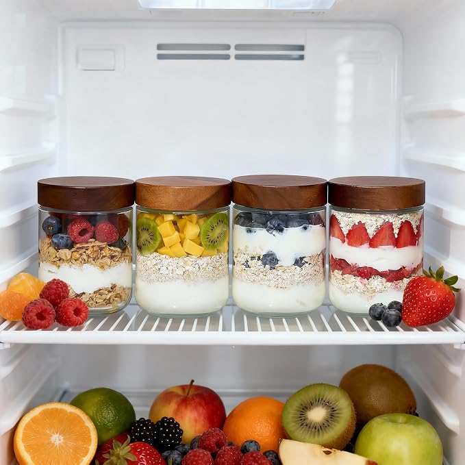 Danmu 16 oz Overnight Oats Containers with Lids,Mason Jars with Lids 4 Pack | Wooden Lid,Overnight Oats Jars,Overnight Oats Containers,Meal Prep Containers,Leak-proof,Dishwasher Safe(remove lids)