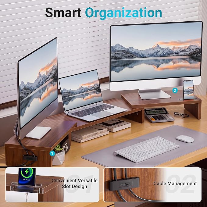BONTEC Triple Monitor Stand Riser with Smartphone Holder, Adjustable Length & Swivel Angle, Ergonomic Wooden Desktop Organizer for PC Monitor, Laptop, Printer, Large Storage, 53.3 in, Walnut