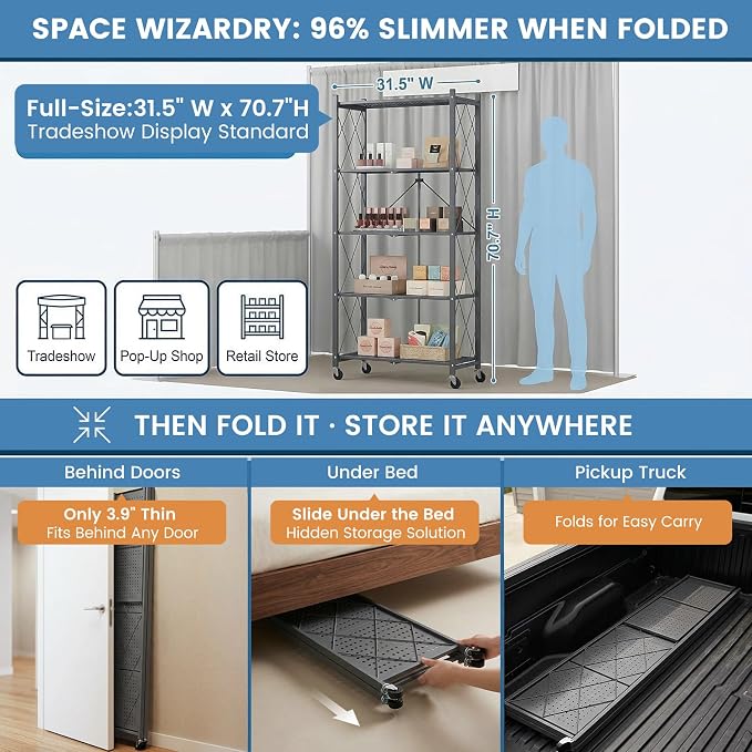 ALANNG 70.7" H Metal Storage Shelves, 5 Tier Folding Shelf on Wheels | Heavy Duty, No Assembly, Rolling, Collapsible Rack Unit for Kitchen, Basement, Pantry (Gray,2 Pack)