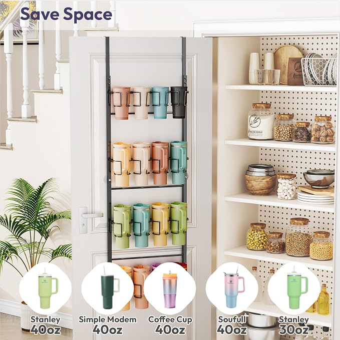 SWTYMIKI 4-Tier Water Bottle Organizer – Over the Door Stanley Cup Holder, Cup Organizer for Door or Wall Mount Option, Stanley Accessories for Pantry, Dorm, Office, RV Use, Black