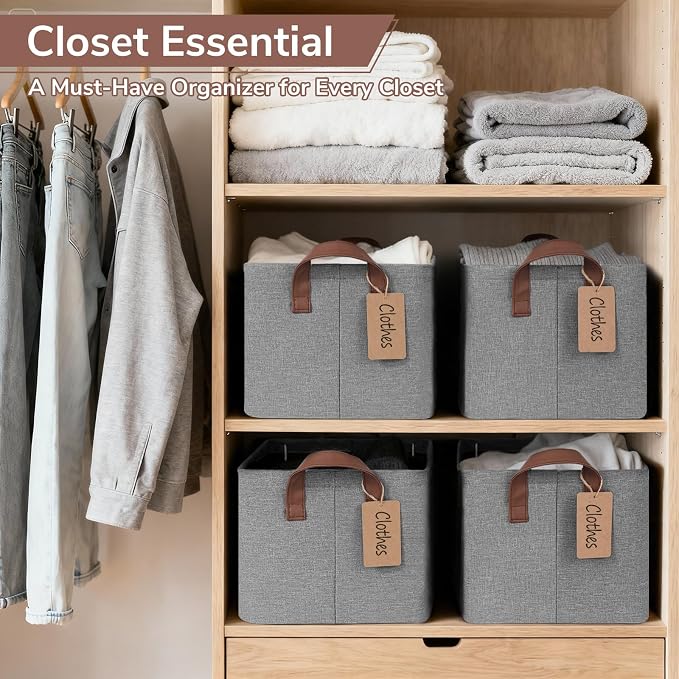 CHICVITA 4 Pack Storage Baskets for Shelves, Foldable Fabric Storage Bins with Metal Frame Handles, Closet Organizer Bins for Toys Blankets, 14.8" x 10.3" x 8.3", Gray