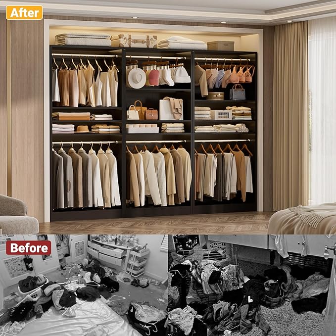 Unikito 72'' Closet System with 4 Hanging Rods, Walk-in Clothing Organizer, 2-Piece Wood Garment Rack for Bedroom, Black