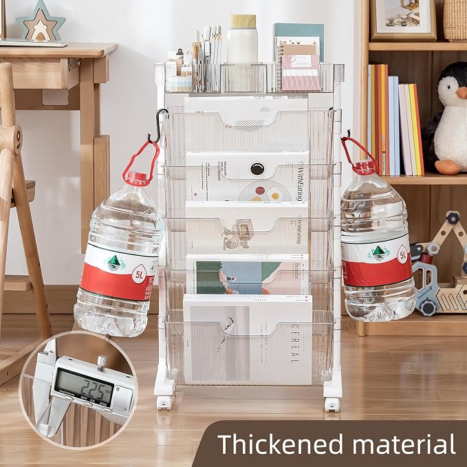 5 Tier Rolling Utility Cart Multi-Functional Movable Storage Book Shelves with Lockable Casters for Study Office Kitchen Classroom, White (Transparent White, with Wheel)
