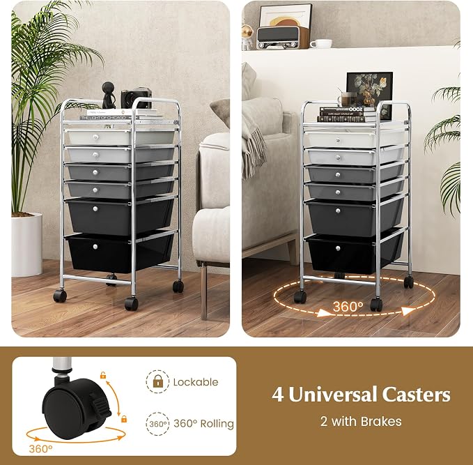 DREAMADE Rolling Cart with Storage Drawers, Utility Cart with Removable Plastic Drawers, Lockable Wheels, Art Cart for Classroom Organization Art Supplies Office Scrapbook (6 Drawers, Mixed-black)