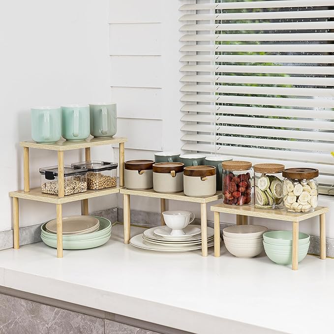 Aminigram Wood Cabinet Organizer Shelf, Set of 4 Kitchen Counter Shelves, Stackable Plate Organizer for Cabinet, Pantry Cupboard Dish Mug Cup Storage Shelf