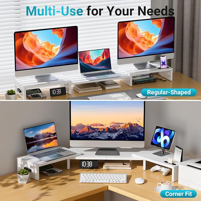 BONTEC Triple Monitor Stand Riser with Smartphone Holder, Adjustable Length & Swivel Angle, Ergonomic Wooden Desktop Organizer for PC Monitor, Laptop, Printer, Large Storage, 53.3 in, White