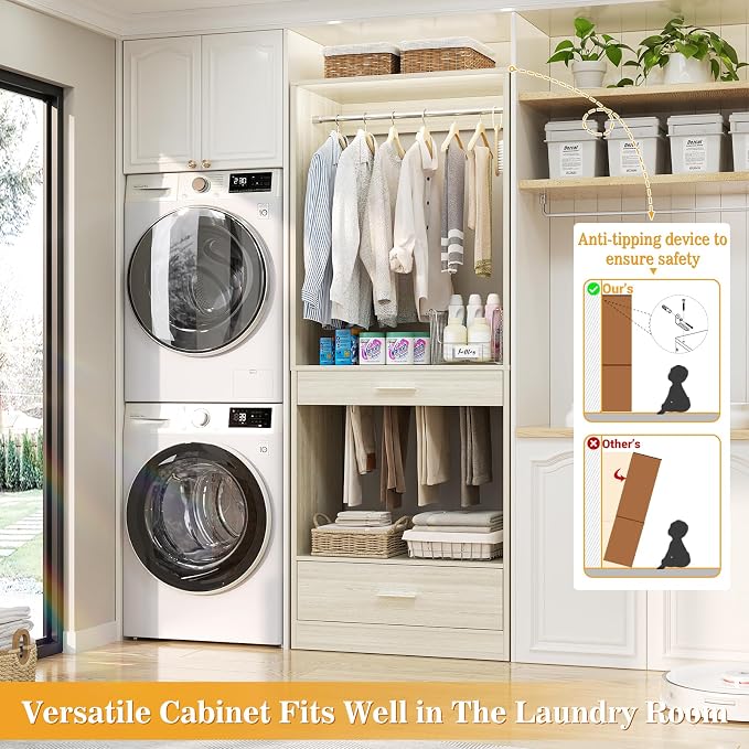 Homieasy Closet System Organizer with Hanging area, Pants Rack & Drawer – Expandable & Sturdy Modular Closet Storage Unit, Customizable Wardrobe Organizer for Bedroom or Walk-In Closet, White Oak