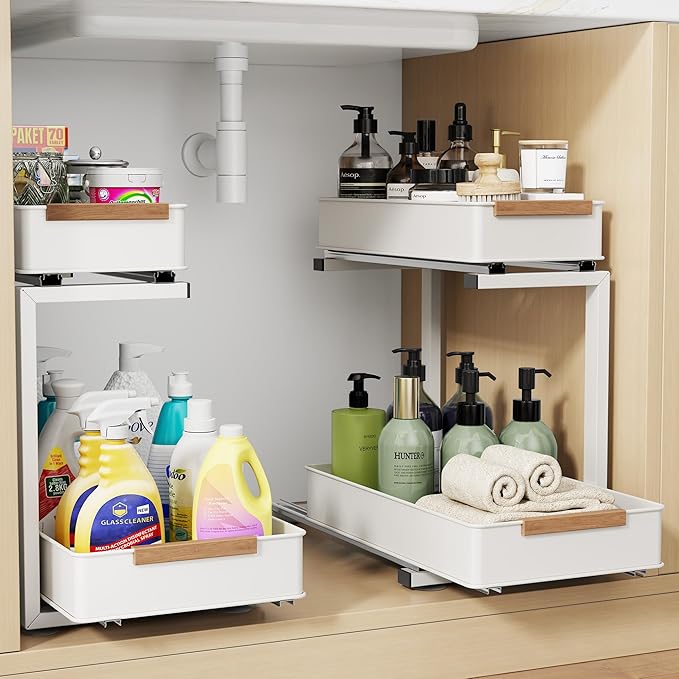 Under Sink Organizer, 2 Tiers Pull Out Bathroom Organizers and Storage, Slide Out Cabinet Organizer Shelf for Kitchen Bathroom, Multi-Purpose Collection Organizer Drawer Shelf (White, 2pcs)