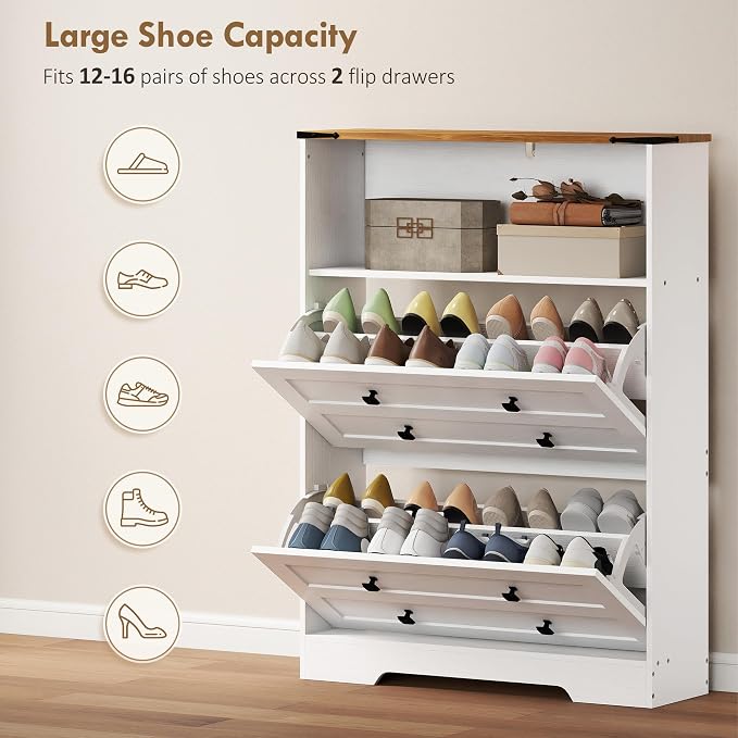HOMCOM Shoe Cabinet with 2 Flip Drawers, Narrow Shoe Storage Cabinet with Adjustable Shelves and Open Shelf, Farmhouse Storage Organizer for Entryway, Hallway, Holds 12-16 Pairs, White