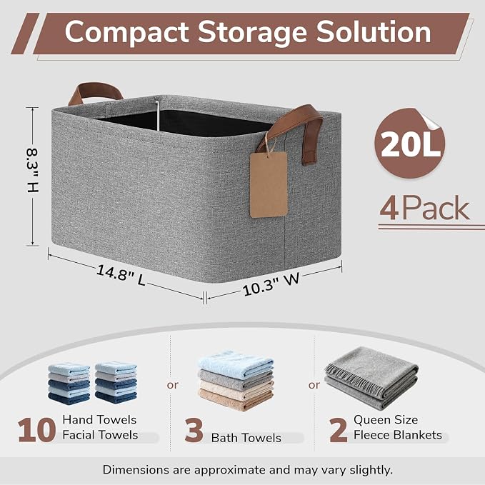 CHICVITA 4 Pack Storage Baskets for Shelves, Foldable Fabric Storage Bins with Metal Frame Handles, Closet Organizer Bins for Toys Blankets, 14.8" x 10.3" x 8.3", Gray