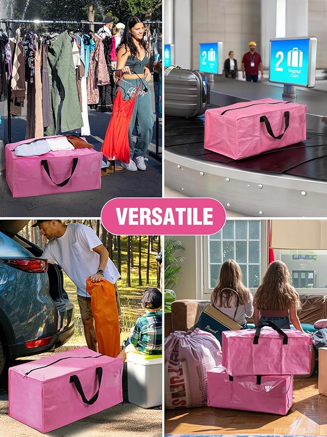 WORKPRO 2 Pack Extra Large Moving Bags with Zippers & Carrying Handles Backpack Straps, Heavy-Duty Storage Tote for Space Saving Moving Storage (Pink)