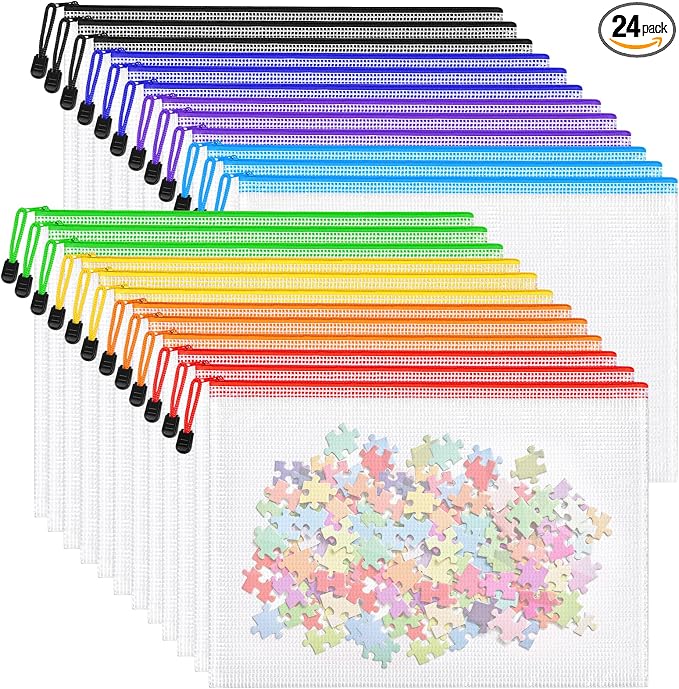 24pcs Mesh Zipper Pouch Bags, A4 Letter Size 8 Colors Plastic Zipper Bags for Organizing Storage, Clear Pouches with Zipper, Waterproof Mesh Bags for Office Supplies, Home Organize, Travel Storage