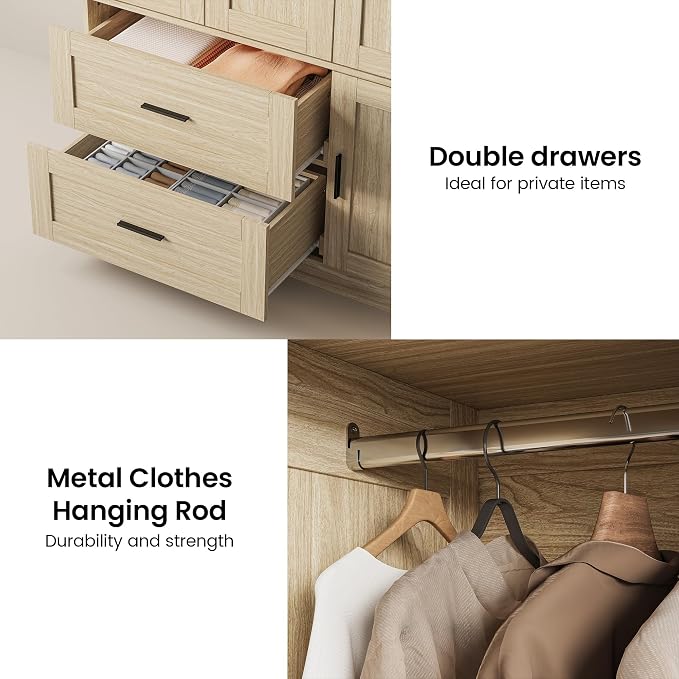ANCTOR 70.6 Inch Armoire Wardrobe Closet with Drawers (Light Oak) | Hanging Rod, Drawers, Adjustable Cube Shelves, Closed Cabinet Organizer, Modern Bedroom Clothes Cabinet