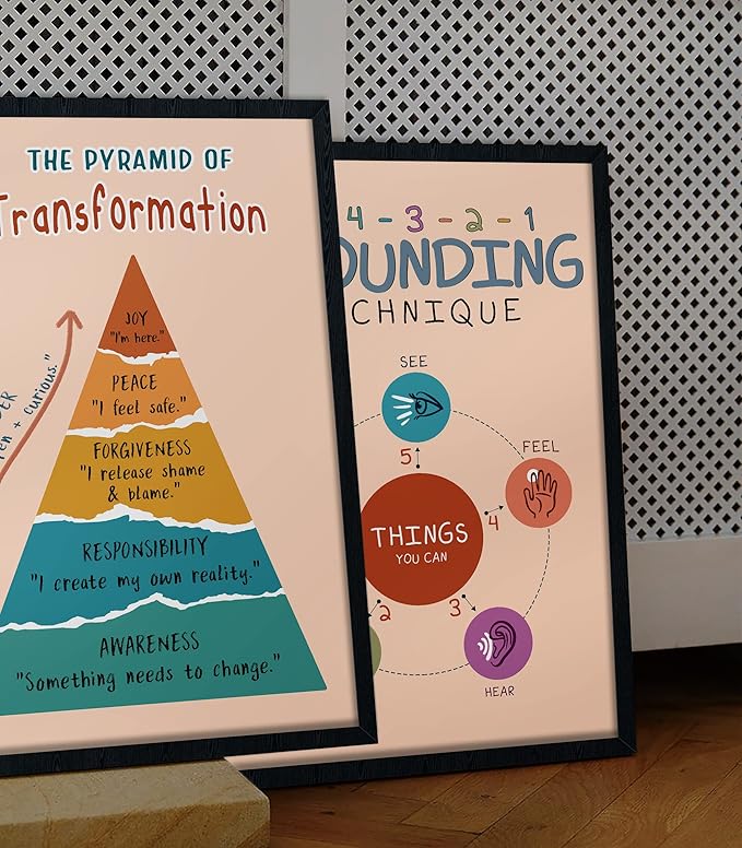 LOLUIS Mental Health Poster, Boho Therapy Tools Educational Supplies Art Print Classroom School Office Decor (Pyramid of Transformation, Custom Frame Type)