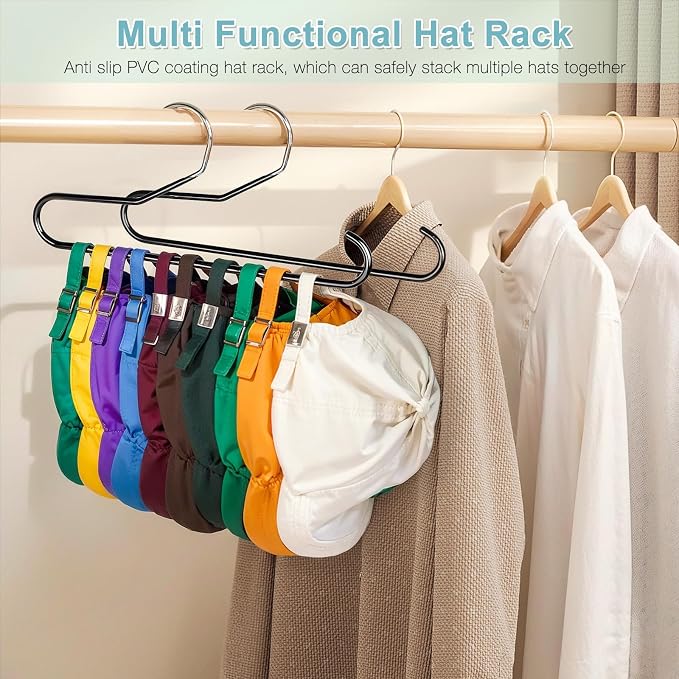Hat Storage Organizer for Baseball Caps, Non Slip PVC Coating Hat Rack Hangers for Closet Hat Holder Max 10 Hats Closet Organizers and Storage for Cap Purse Belt Tie Bra Black 2 Pack