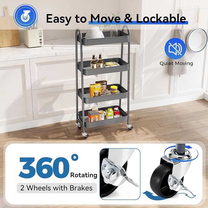 NEWBULIG 4-Tier Metal Rolling Cart with Lockable Wheels, Heavy Duty Mobile Utility Storage Shelf, Roller Book Snack Cart, Organization for Livingroom, Bathroom, Office, Grey