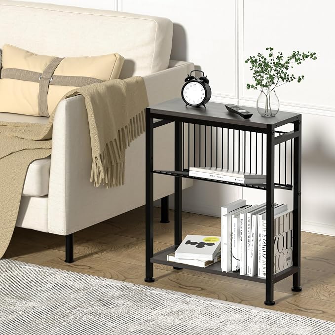 Side Table for Small Spaces, Narrow End Table with Magazine Holder, 2 in 1 Design Slim Side Table, Skinny Nightstand for Living Room Bedroom, Thin Side Magazine Table, Grey