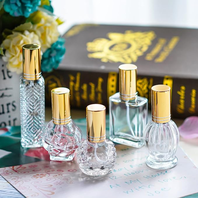 5 Pcs Vintage Glass Empty Perfume Bottles Refillable with Spray | Vintage Empty Perfume Bottles with Fine Mist Spray Refillable Set of 5 for Travel Vanity Home Office Wedding Party Decor
