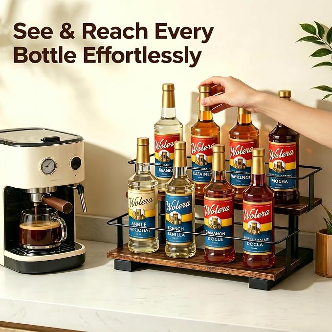 2-Tier Coffee Syrup Bottle Holder, Holds 8 Bottles, Stepped Design | Wood & metal structure, sturdy countertop rack for coffee bar, fits liquor, spice jars, wine & condiments.