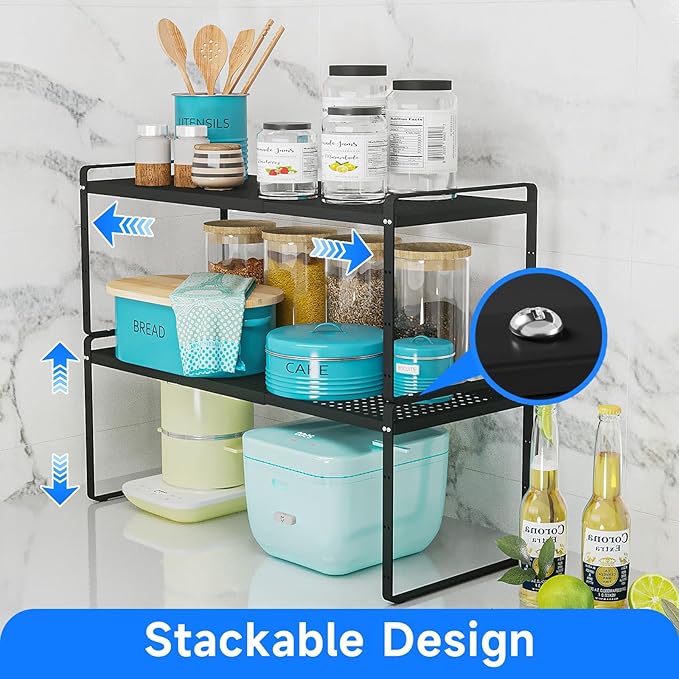 Expandable Cabinet Shelf Organizers, Kitchen Small Stand Rack Organization for Countertop Cupborad Pantry Desktop Spice Rack, Black 1 Pack
