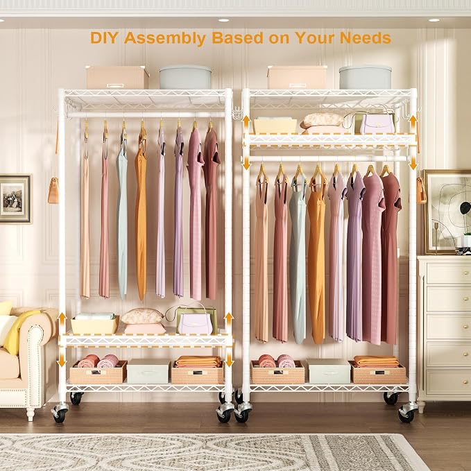 FUTASSI Rolling Clothes Rack, Clothing Racks for Hanging Clothes, White | P6 Heavy Duty Garment Rack with Wheels, 3 Tier Freestanding Portable Closet Rack with Shelves, 35.5 In Wide, Max Load 380 LBS