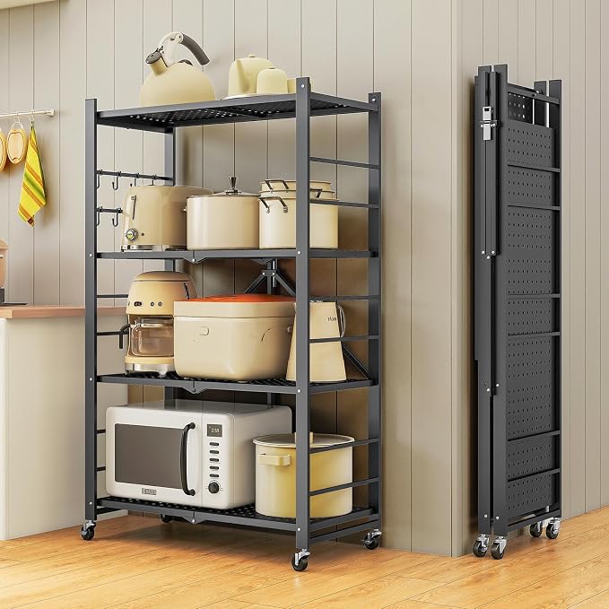 Fenbeli Foldable Shelves with Wheels - 4 Tier Folding Shelf, Collapsible No Assembly Metal Shelving Unit, Origami Storage Shelves & Rolling Storage Rack with 8 Hooks for Kitchen Pantry Garage