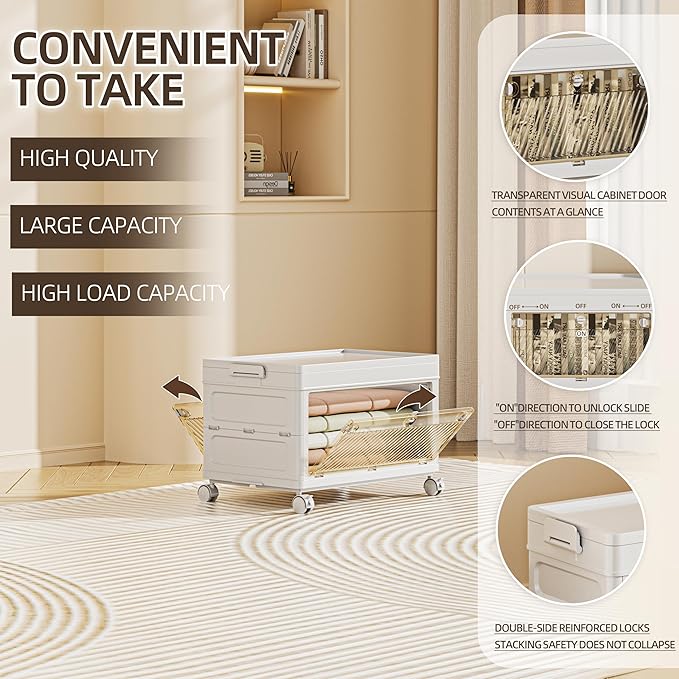 44 QT / 11 Gal Multi-Purpose Foldable Storage Cabinet - Transparent Dual Doors with 3-Stage Locking System, Heavy Duty Wheels, Simple Pull-to-Open Mechanism for Home/Office/Garage Organization