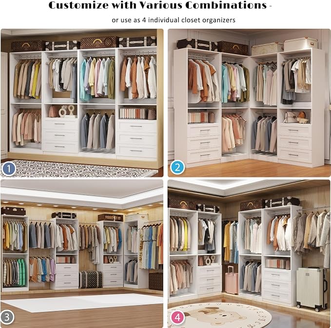 Closet System with 4 Sets, 8FT-21FT Closet Organizer Systems with 6 Wooden Drawers & 10 Hanging Rods, Walk in Closet Freestanding Corner Closet System Modular Closet System White (8FT)