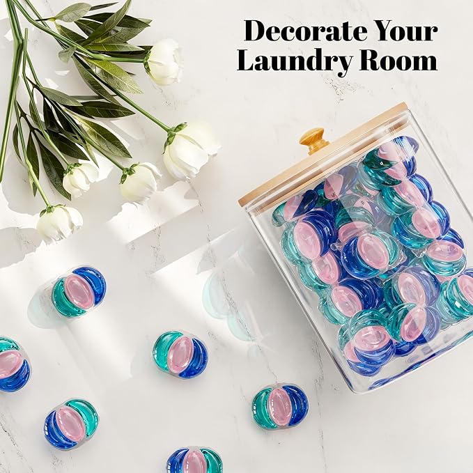 2+1 Pack Glass Laundry Pods Container & Acrylic Dryer Sheet Holder, Clear Laundry Room Organization Containers with Bamboo Lids & Labels, Powder Laundry Detergent Container for Scent Booster, Powder