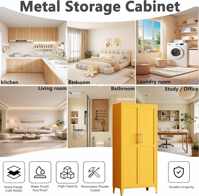 61" Yellow Metal Storage Cabinet and Lock, 2-Door Metal Locker Cabinet with Adjustable Shelves, 4-Tier Steel Storage Locker for Bedroom Living Room Kitchen Home Office Size：61"H X 27.6"W X 13.8"D