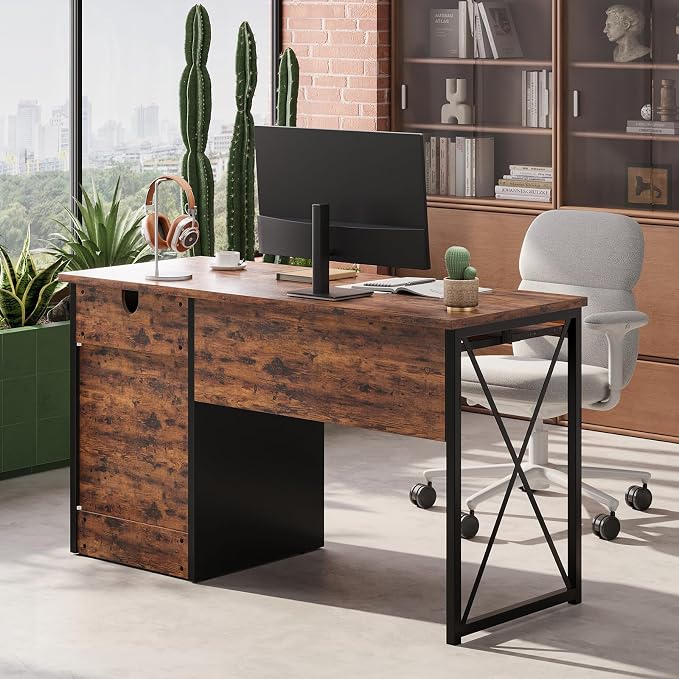 Bestier 47" Computer Desk with Drawers, Home Office Desk with Keyboard Tray, Reversible Industrial Office Desk with Storage Cabinet for Small Space Home Office & Studio, Rustic Brown | Storage Drawer, File Drawer Letter/Legal, Keyboard Tray, Cable Mana...