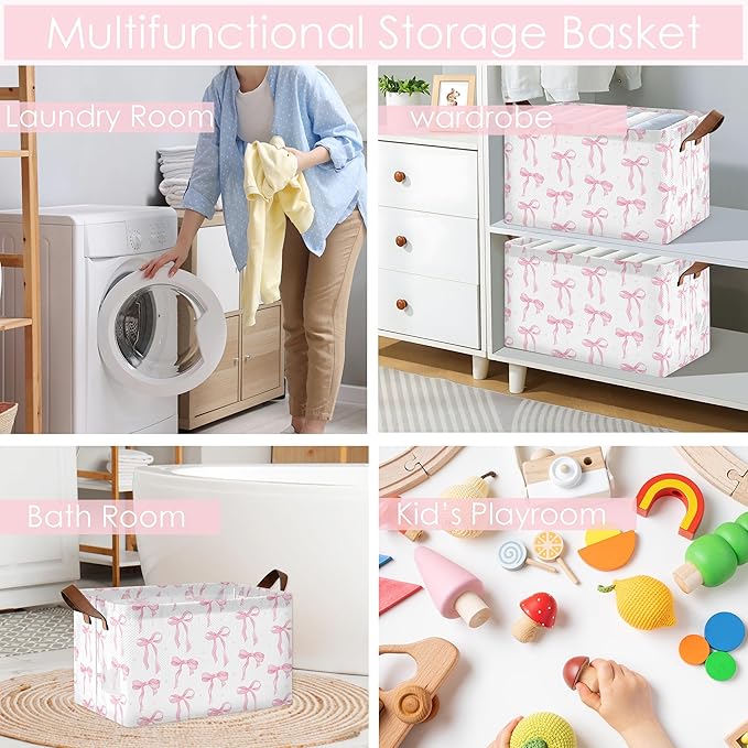 Preppy Pink Bow Storage Basket Cute Bowknot Foldable Cube Storage Bins with Handles&Labels Coquette Waterproof Collapsible Organizer Box Bin Large Decorative Baskets for Shelves Home Living Room, 2 PC